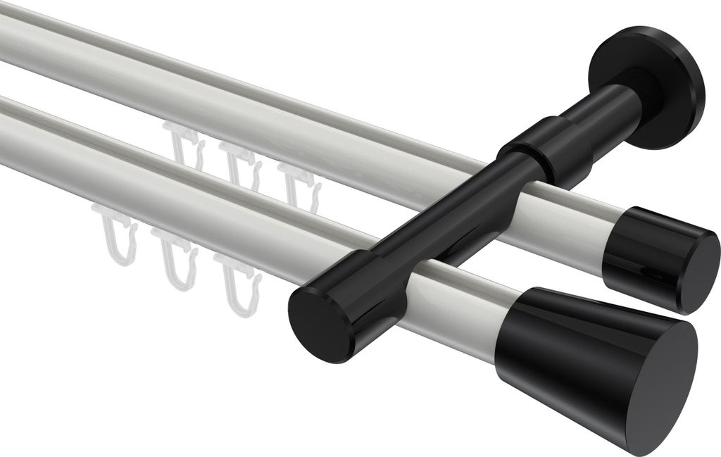 Interdeco Innenlaufstange / Gardinenstange mit Innenlauf Weiß / Schwarz, Typ Prestige Sitra (Konus), 20 mm Ø 2-läufig, 320 cm