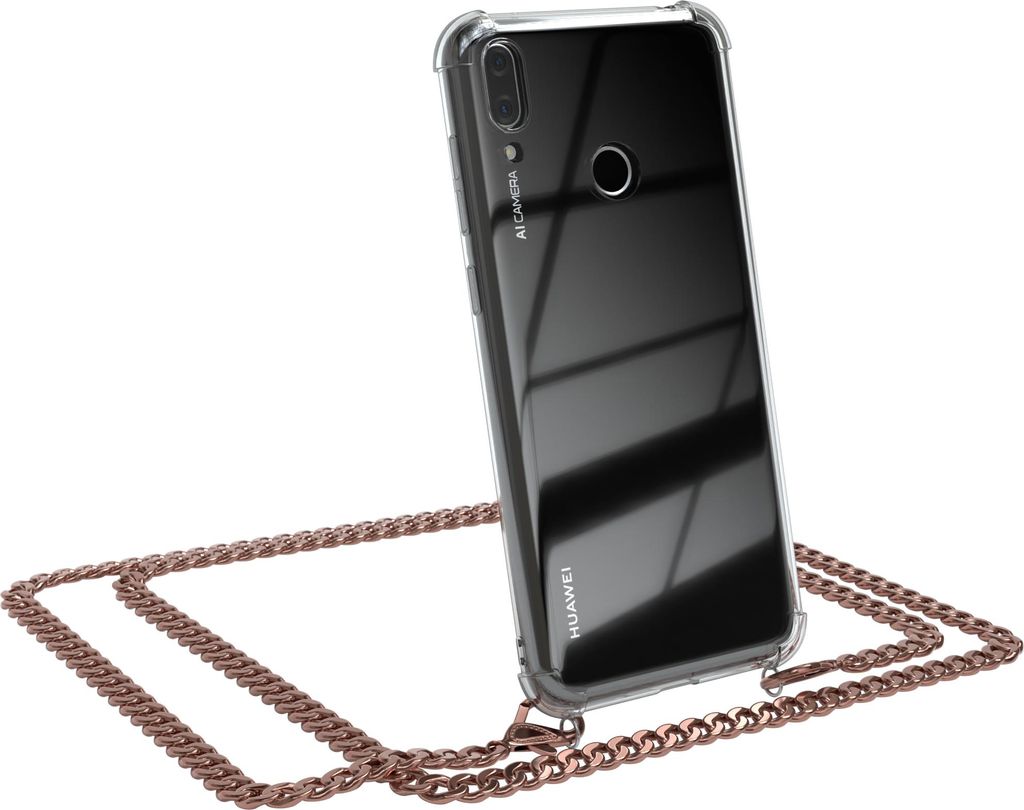 EAZY CASE Metall Handykette für Huawei Y7 2019 / Y7 Prime 2019, Handyhülle mit Umhängeband, Silikonhülle, Metallkette für Smartphone in Rosa