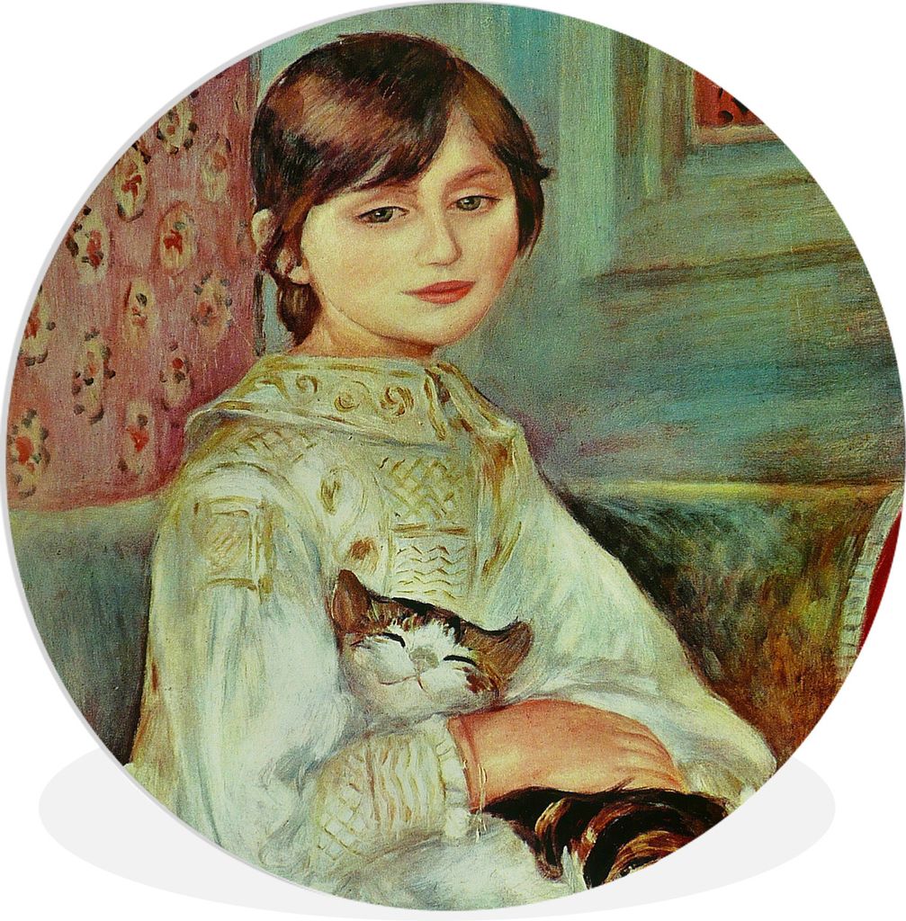 MuchoWow Rundes Wandbild - Runde Bilder Kind mit Katze - Pierre-Auguste Renoir Ø 60 cm Kreis Wanddekoration Kunststoff - Wandkreis - Wandschmuck...