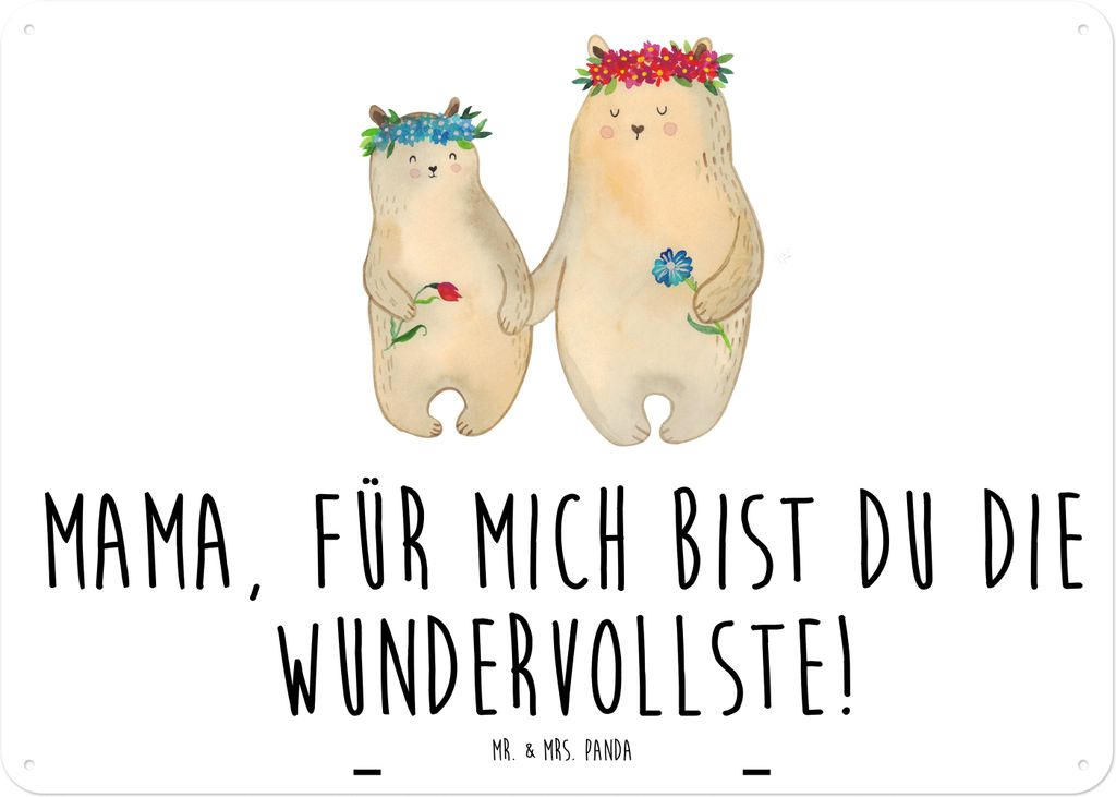 Mr. & Mrs. Panda tafel Bären mit Blumenkranz DIN A5 - Weiß - Geschenk, Türschild Metall, Family, Muttertag, Magnetschild, Wandbild, Familie, Sch...