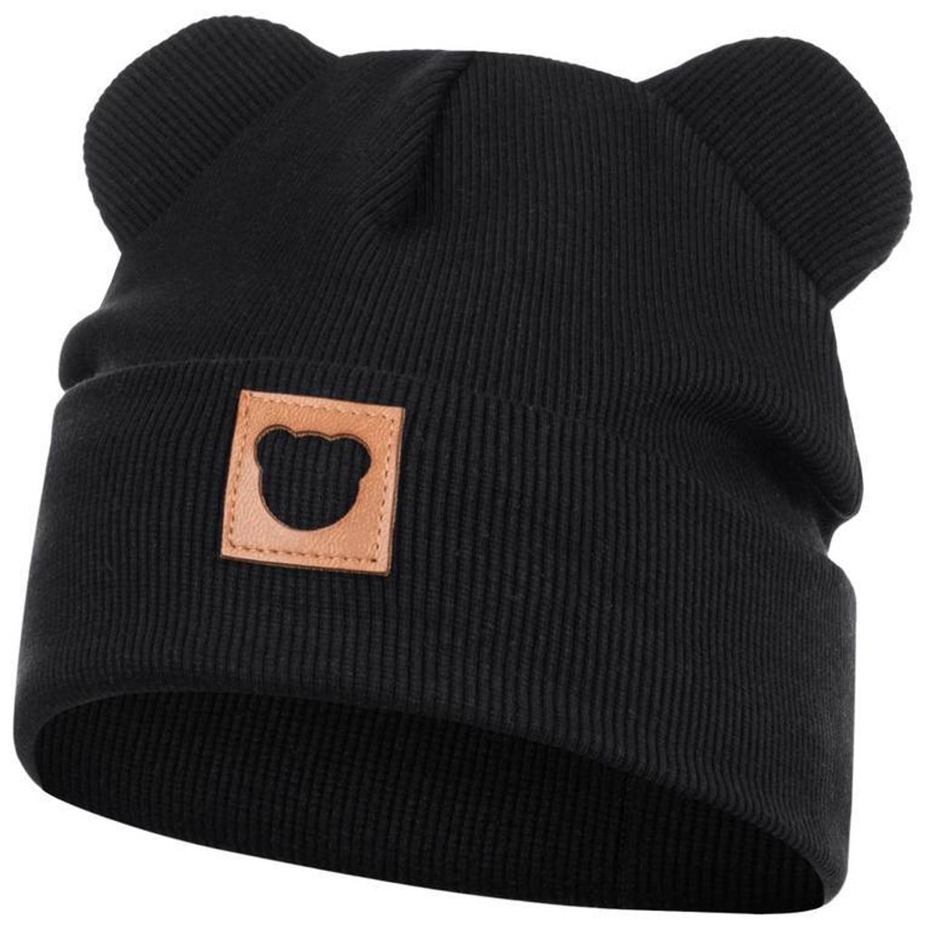 Mütze Übergangsmütze Junge Mädchen Beanie Ohren gerippt, Gr. 50-52, Schwarz