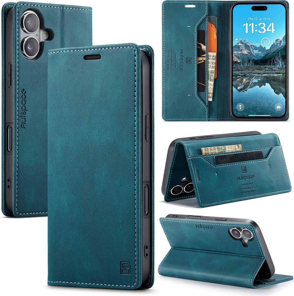 Hülle für iPhone 17, Retro Kunstleder Tasche Kartenfächern und Ständer Schutzhülle Blau