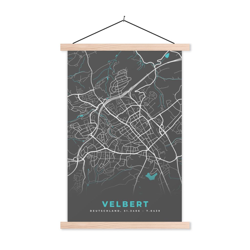 MuchoWow Textilposter Karte - Velbert - Blau - Stadtplan - Deutschland 40x60 cm mit holzfarbenen Rahmen - Poster