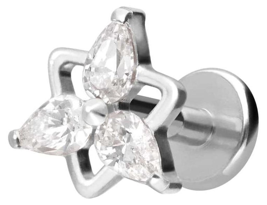 Ohrpiercing, Nasenpiercing Titan Labret mit Innengewinde KRISTALLBLUME Silber Stablänge: 6mm | Stabstärke: 1,6mm