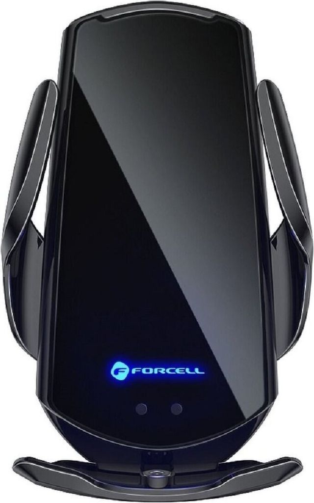 A black wireless car charger with a blue illuminated logo.