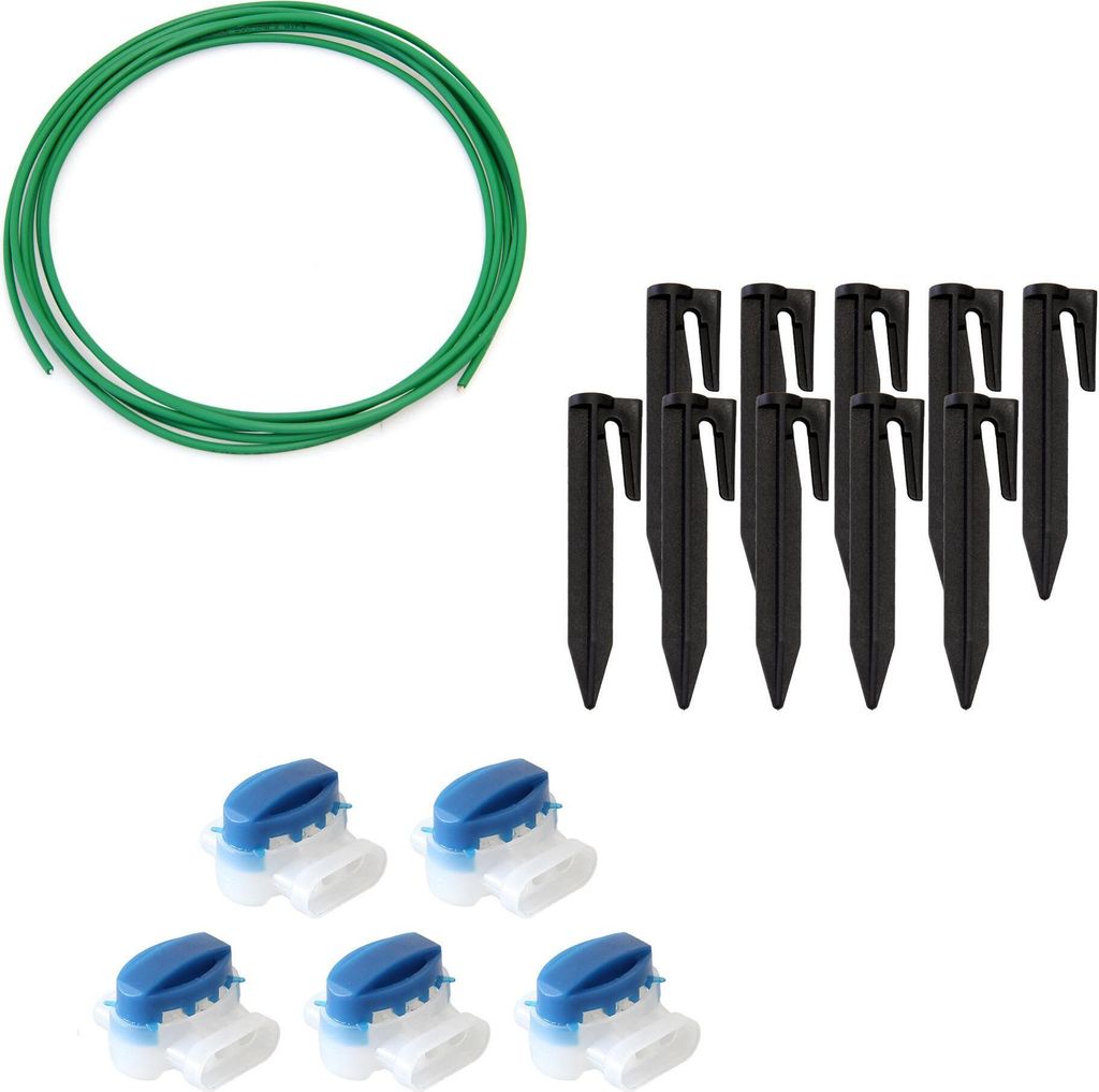 A collection of garden wire, stakes, and connectors arranged on a white background.