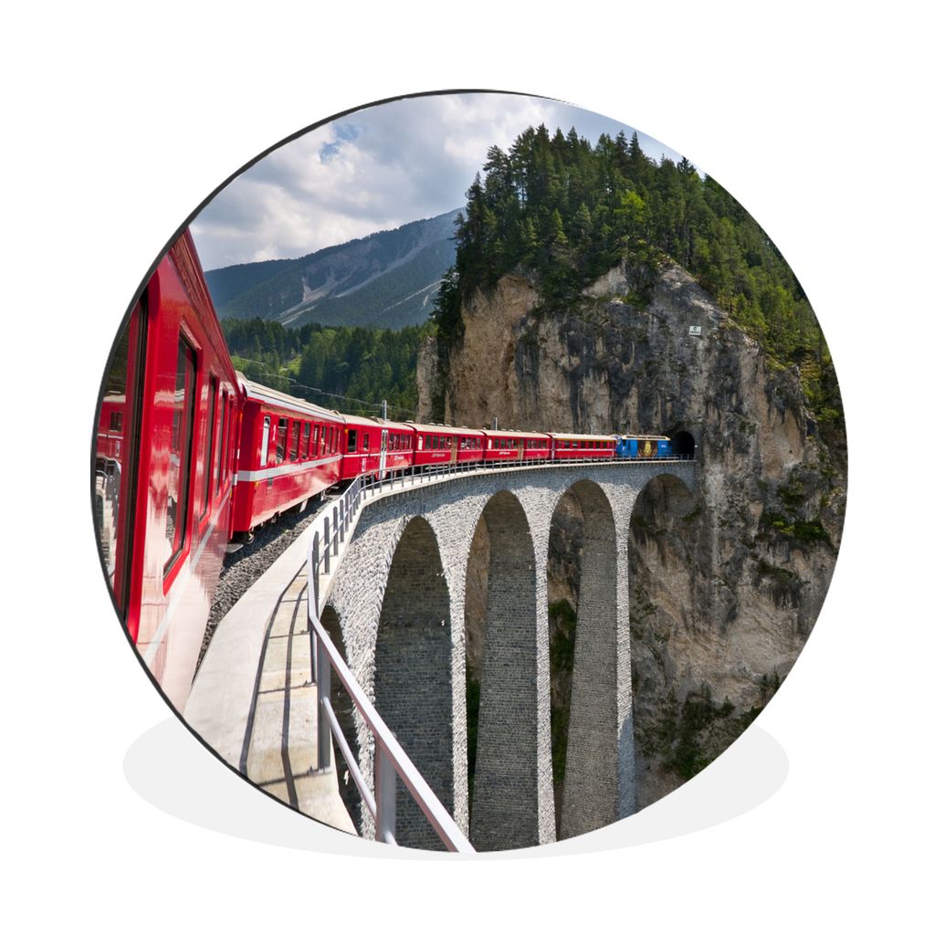 MuchoWow Aluminium Wandkreis Ein roter Zug über eine Eisenbahnbrücke Ø 90 cm Wanddeko Modern Wohnzimmer - Mauerkreis - Wandbilder - Runde Bild...