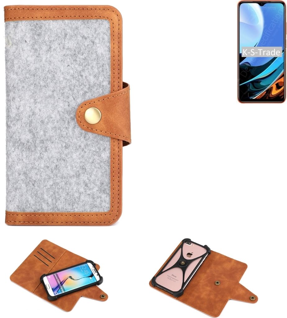 K-S-Trade Handyhülle kompatibel mit Xiaomi Redmi 9T Schutzhülle Filz-Hülle Kunst-Leder hellgrau braun (1x)