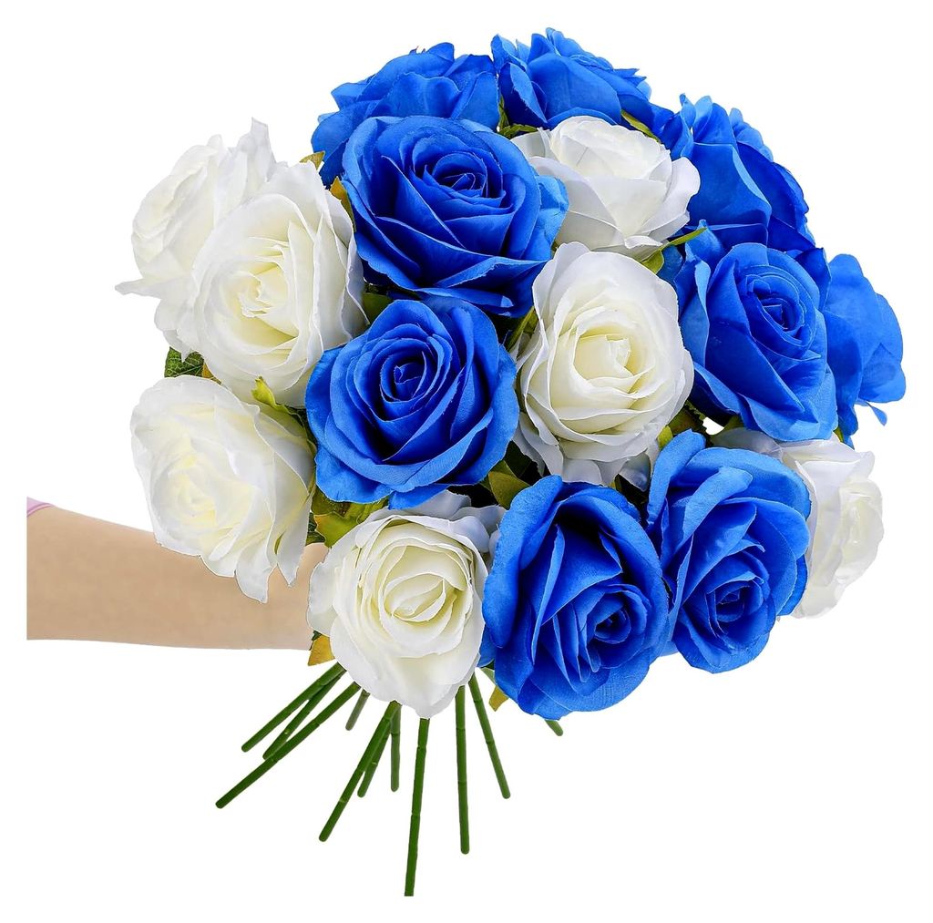32 Stück Künstliche Rosen, Realistische Kunstblumen in Blau und Weiß, Gefälschte Seidenrose für Hochzeits- und Wohnungsdekoration sowie Valent...