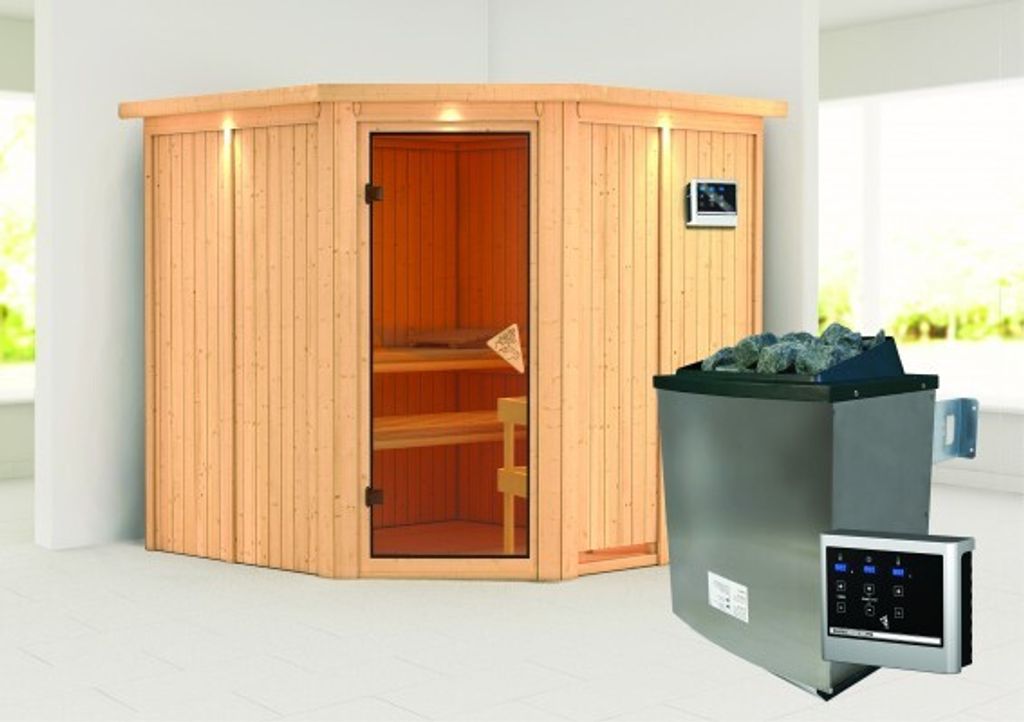 Karibu Sauna Innensauna Jarin Eckeinstieg Ofen 9 KW externe Strg easy 210x210x202 cm mit Dachkranz mit Bronzierte Tür