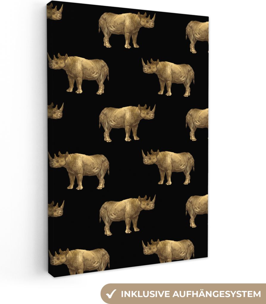 OneMillionCanvasses - Leinwandbilder - 90x140 cm, Muster - Nashorn - Gold - Schwarz, Wandbilder Kunstdruck Wanddekoration - Wandschmucke - Schlaf...