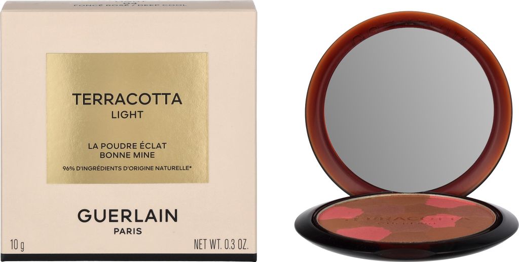 A product box and an open compact of bronzer.