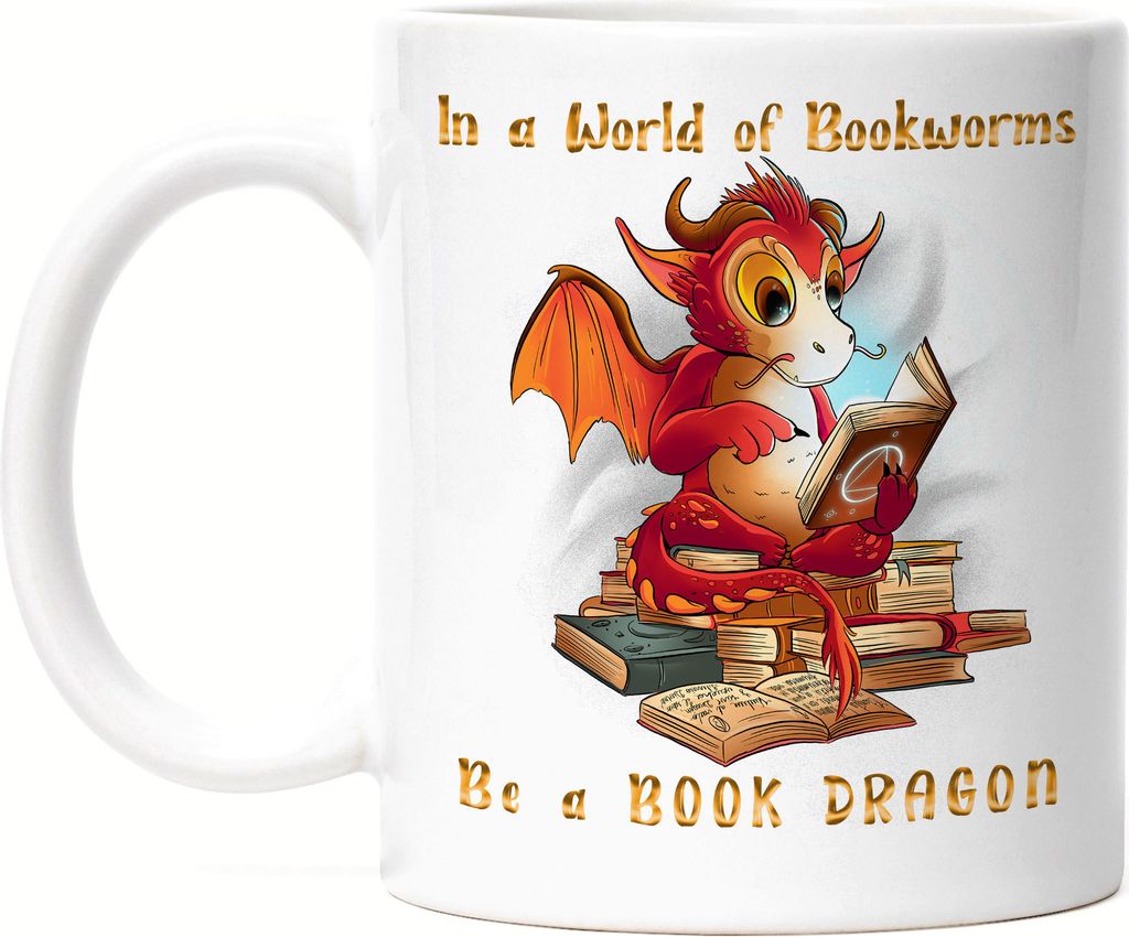 Bookworm? Please, I Am A Bookdragon Tasse Weiß Buch Lesen Produktbild 