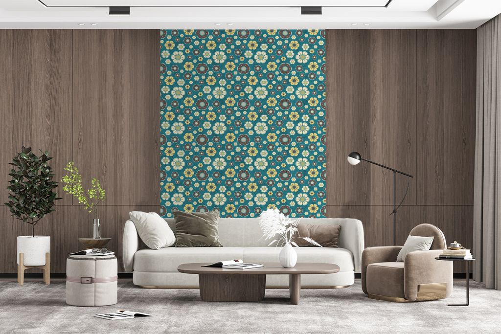 MuchoWow Fototapete für Wohnzimmer oder Schlafzimmer Wandtapete Vinyl Motivtapete Retro - Blumen - Muster - Blau - 170x260 cm - Wohnzimmertapete