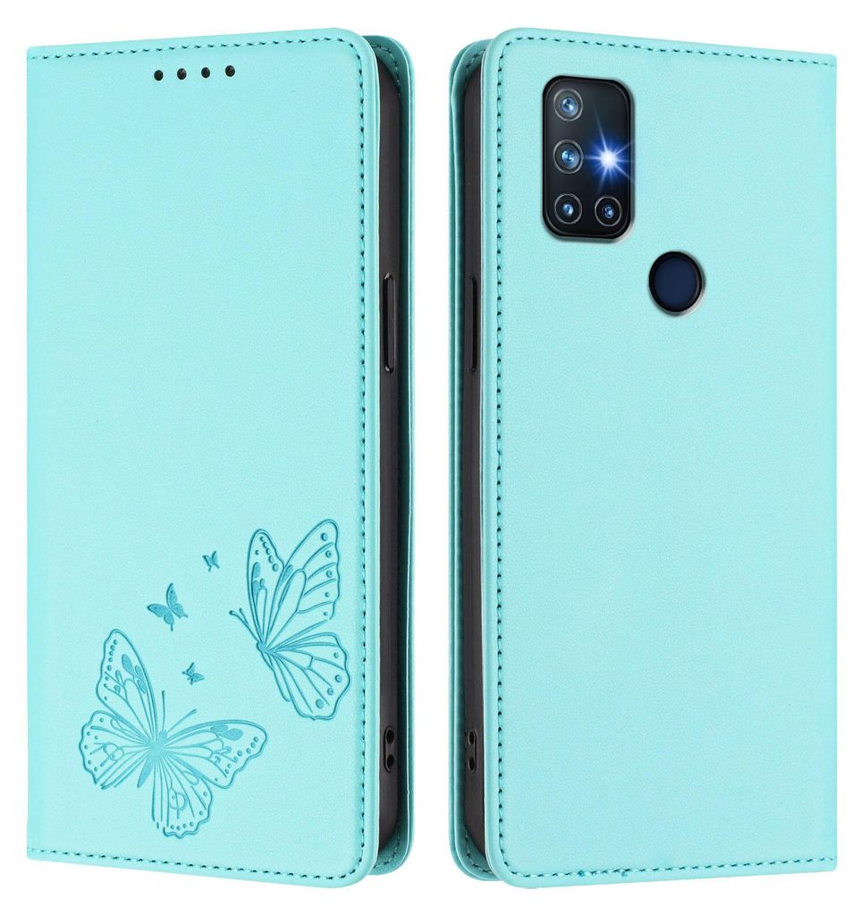 Lederhülle für OnePlus Nord N10 5G, Schmetterling Prägung Leder Brieftasche Schutzhülle mit Ständer Türkis
