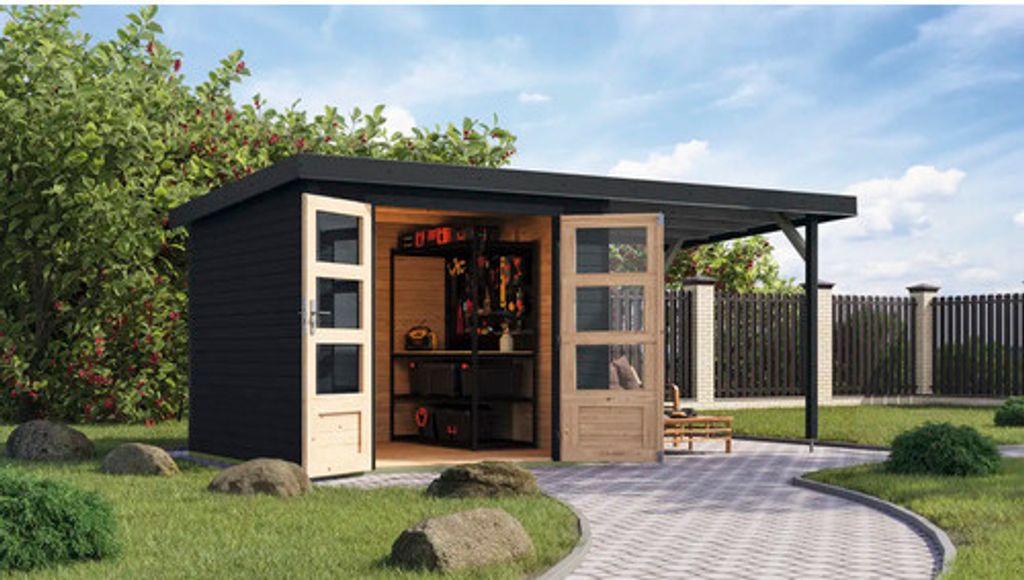 Gartenhaus Karibu Metalwood 3,5C Blech anthrazit inkl. Anbaudach 2,35 m 486,5 x 266,5 cm anthrazit