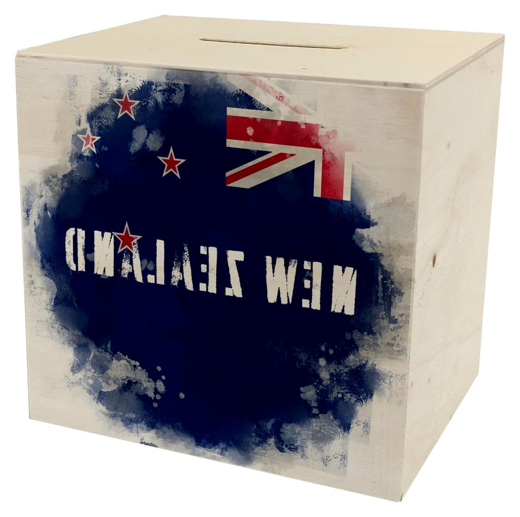 Holz-Spardose mit Neuseeland-Flagge im Used Look - Sparschwein für Reisende