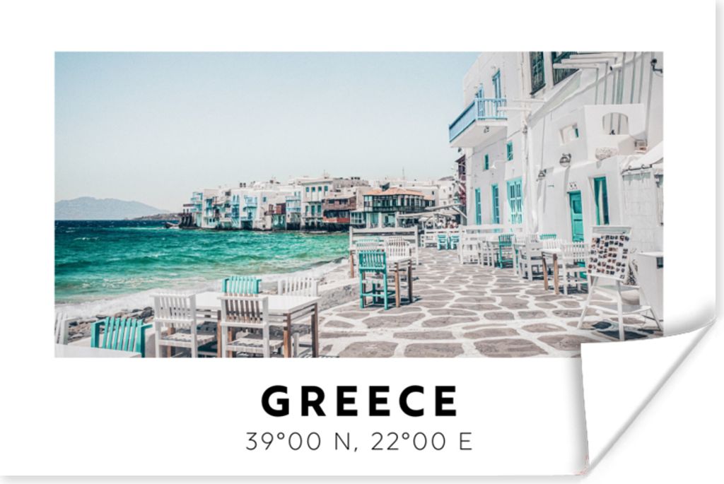 MuchoWow Poster Griechenland - Blau - Meer - Stühle 90x60 cm - Schlafzimmer