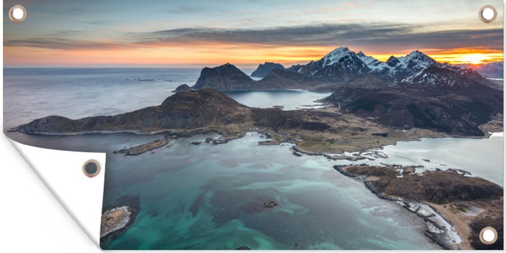 MuchoWow 80x40 cm Outdoor-Poster Gartendeko Sichtschutz Garten Poster für den Garten Fjorde bei Sonnenaufgang in Norwegen