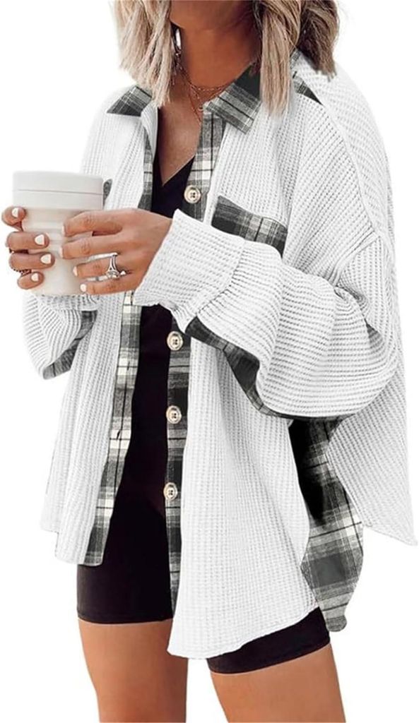 ASKSA Damen Waffelstrick Bluse Spleissen Hemdjacke Button Down Lose Oversize Freizeithemd Strickjacke, Weiss, 2XL