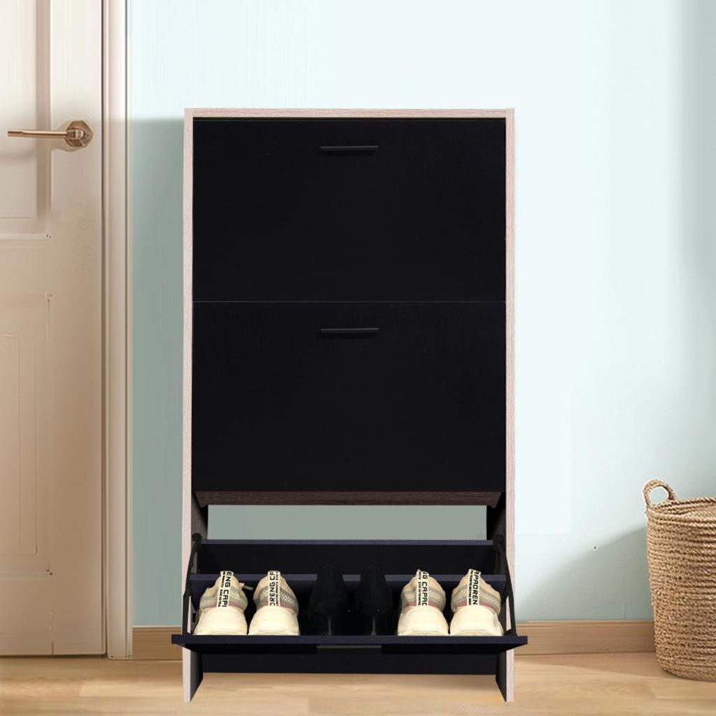 CASABEL Schuhschrank für 18 Paar, große Kapazität für den Eingangsbereich, L 60 x T 24 x H 113 cm, Schwarze Türen, Rahmen aus hellem Holz