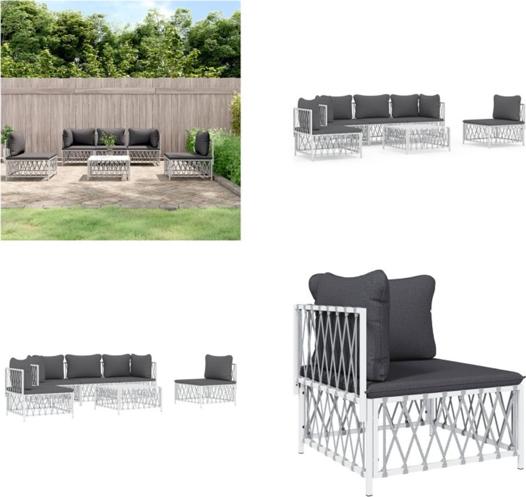 vidaXL 6 tlg. Garten Lounge Set mit Kissen Weiß Stahl - Produktbild 