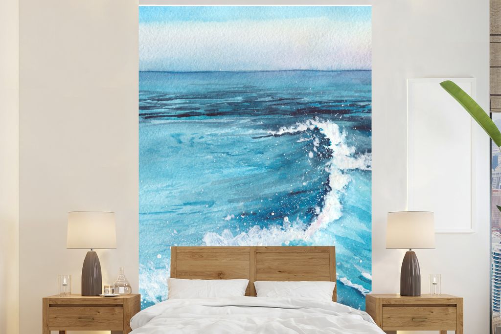 MuchoWow Fototapete für Wohnzimmer oder Schlafzimmer Wandtapete Vinyl Motivtapete Meer - Golf - Aquarell - 170x260 cm - Wohnzimmertapete
