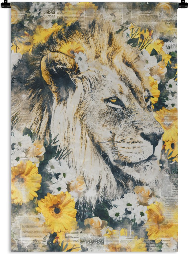 MuchoWow Wandteppich Wandbehang Löwe - Zeitung - Blumen 90x135 cm Tapisserie Dekoration Wandtuch - Baumwolle - Wandskulptur