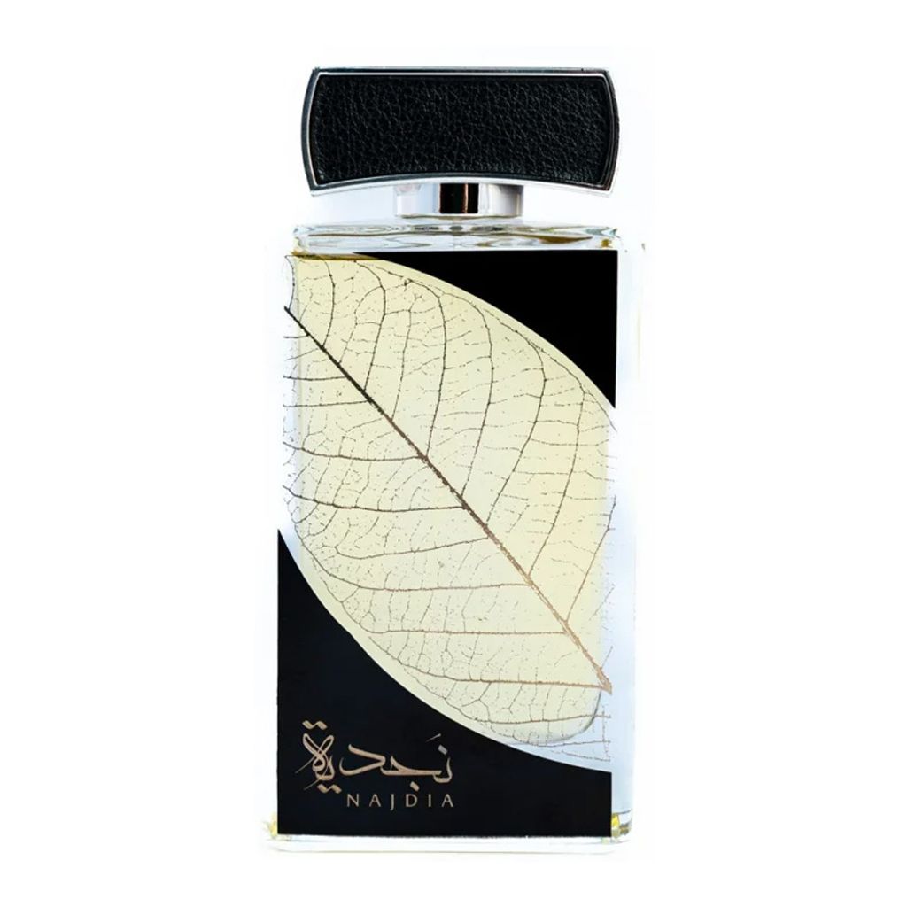 A perfume bottle with a black cap and a label featuring a skeletonized leaf and Arabic script.