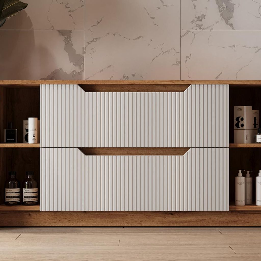 Vicco Waschbeckenunterschrank Lotta, 119.2 x 62.5 cm mit 2 Schubladen, Eiche/weiß gestreift