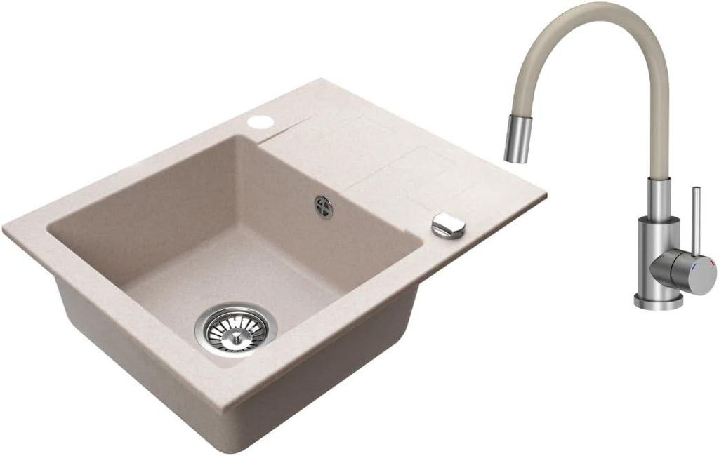 VBChome Granitspüle 59 x 44 cm Beige mit flexibler Armatur Einzelbecken Einbauspüle Reversibel Gesprenkelt Pflegeleichtes Spülbecken mit Siphon