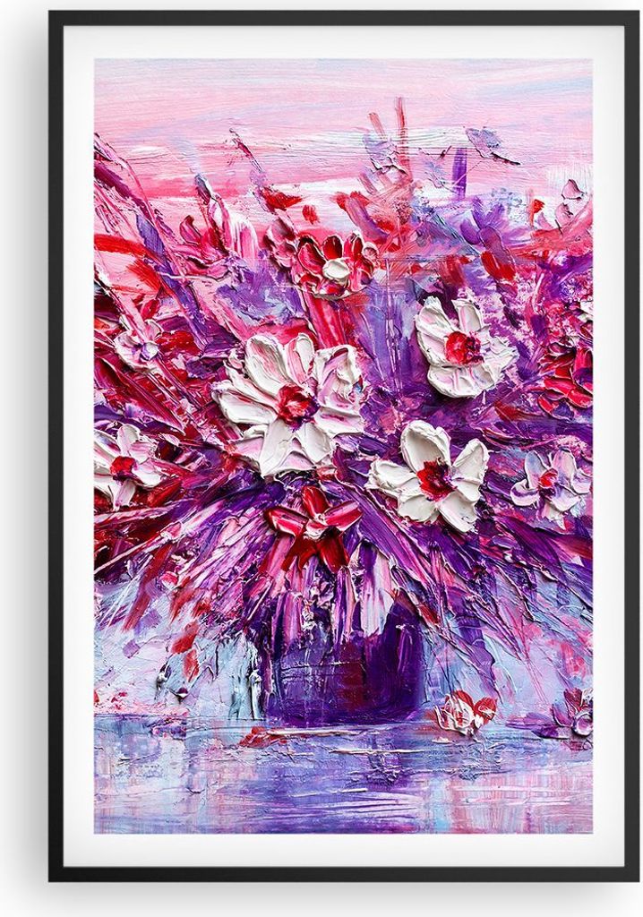 Gerahmtes Poster - Schwarzer Rahmen - Pastos Blumen Rosa - 61x91,5 cm - Wand Bild - Wanddeko - Wandbilder - Kunstposter - Wandposter - Bilderrahmen...