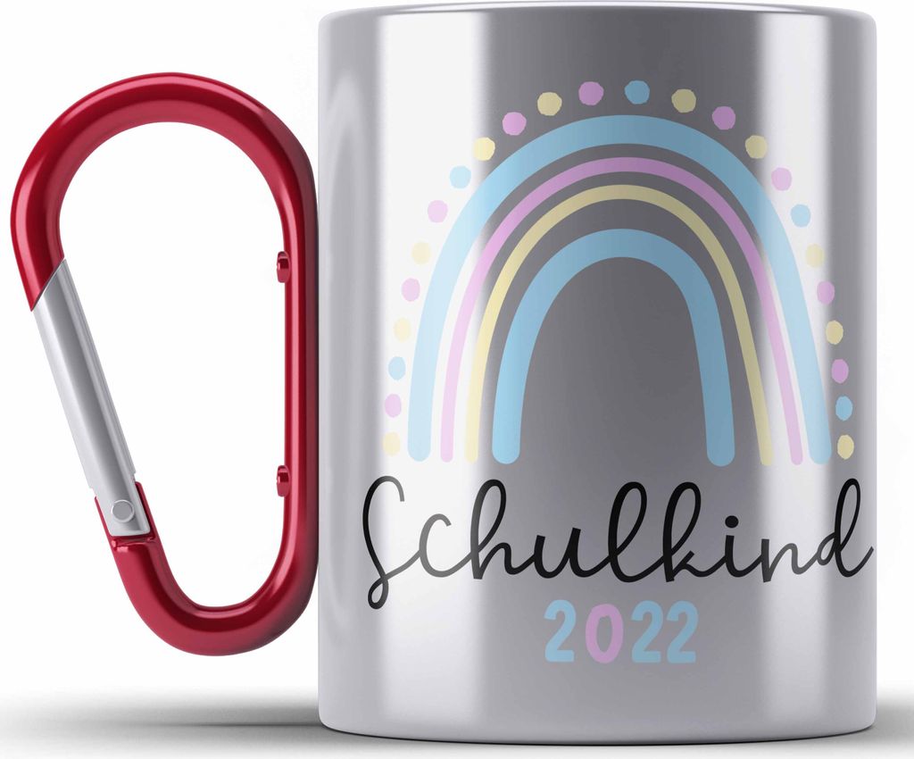 Trendation - Einschulung Mädchen 2022 Geschenk Edelstahl Tasse Karabiner Schulstart 1. Schultag Schuleinführung Schulanfang Geschenkidee 2022 Sch...