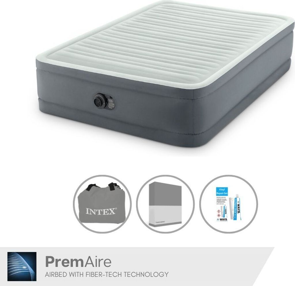 Intex Luftbett - 2 Personen - 137 x 191 x 36 cm - Grau - Mit elektrischer Pumpe + Spannbettlaken Anthrazit + Reperaturset