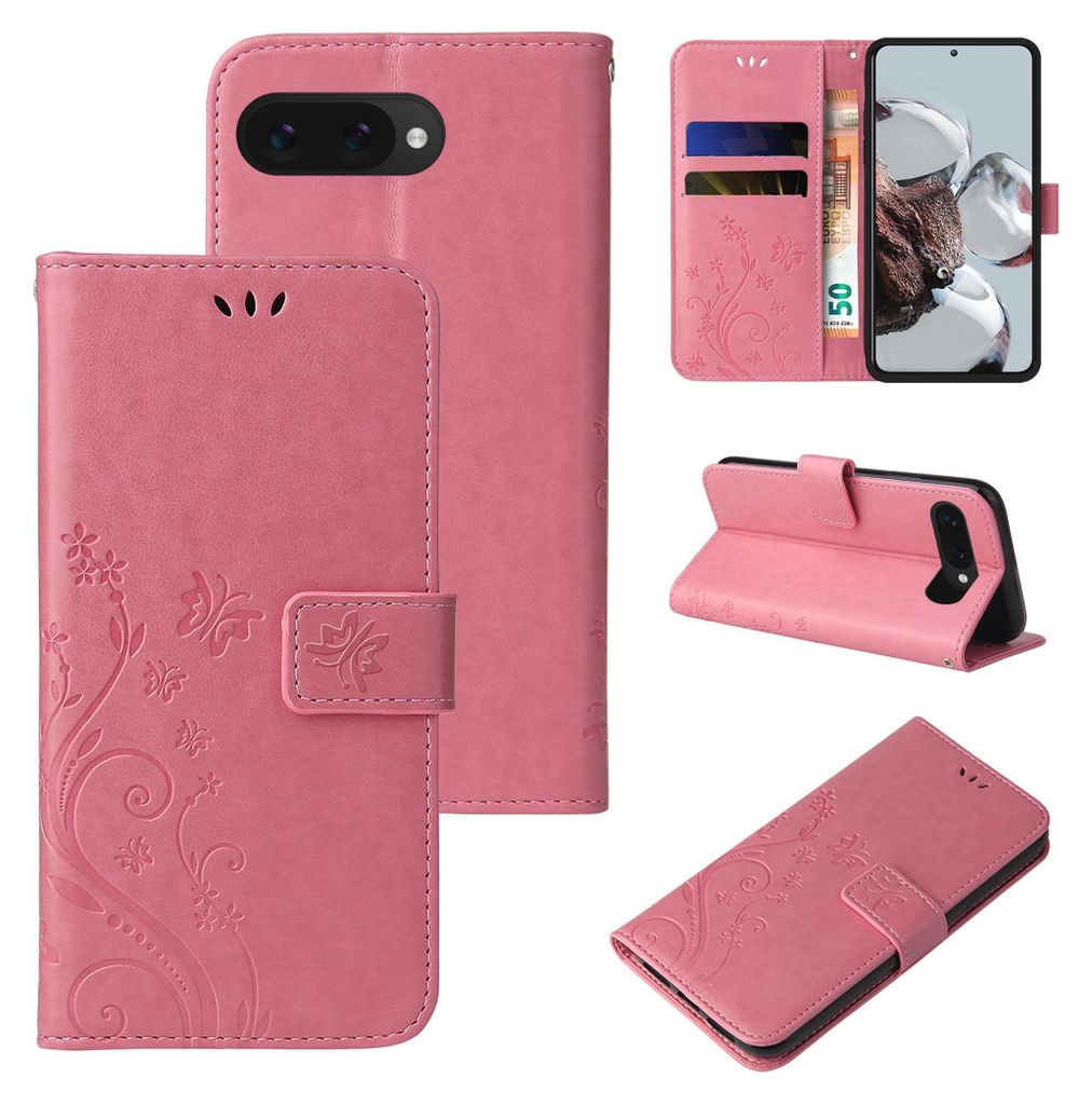 Handyhülle für Google Pixel 9a Floral Blumen Schmetterling Flip Cover Hülle Case Klapphülle Handytasche Farbe: Rosegold