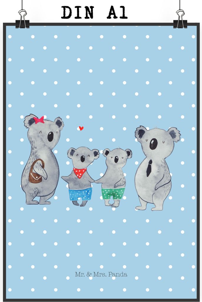 Mr. & Mrs. Panda Bild Koala Familie zwei DIN A1 - Blau Pastell - Geschenk, Muttertag, Wandschmuck, Koalabär, Deko, wanddeko, Lieblingsfamilie, Wan...