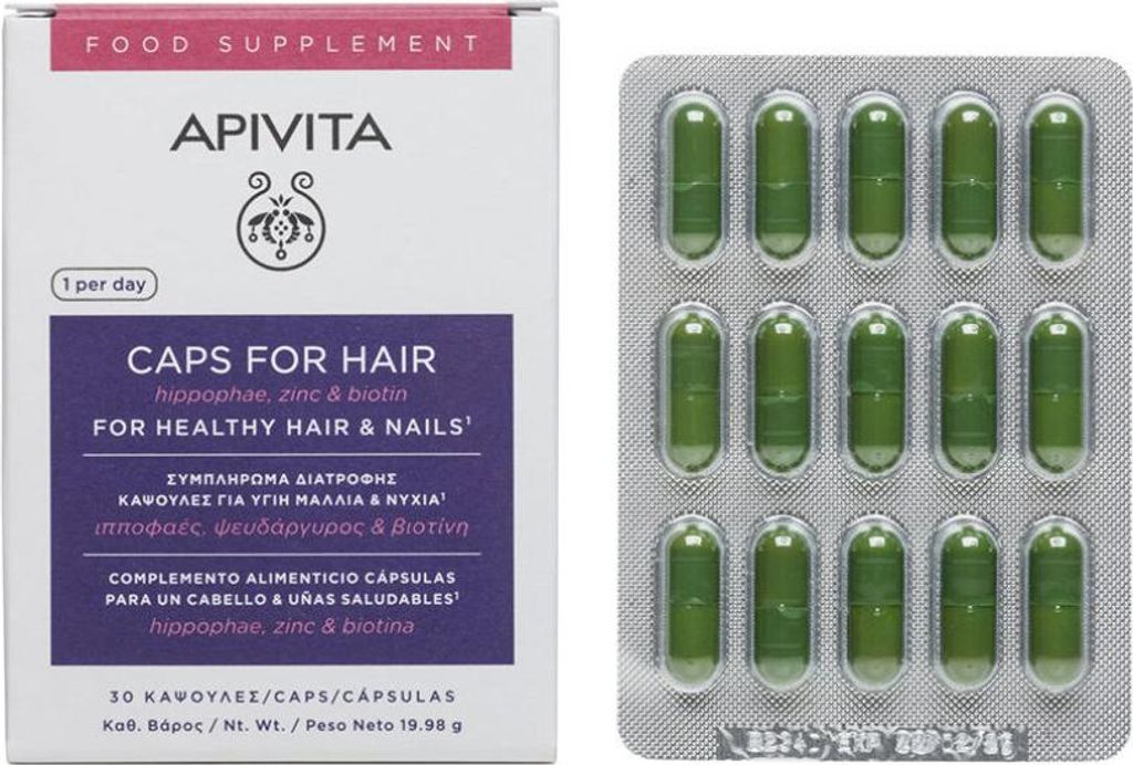 Apivita Holistic Hair Care Dietary Supplement Capsules For Healthy Hair And Nails With Sea Buckthorn - 30 Capsules