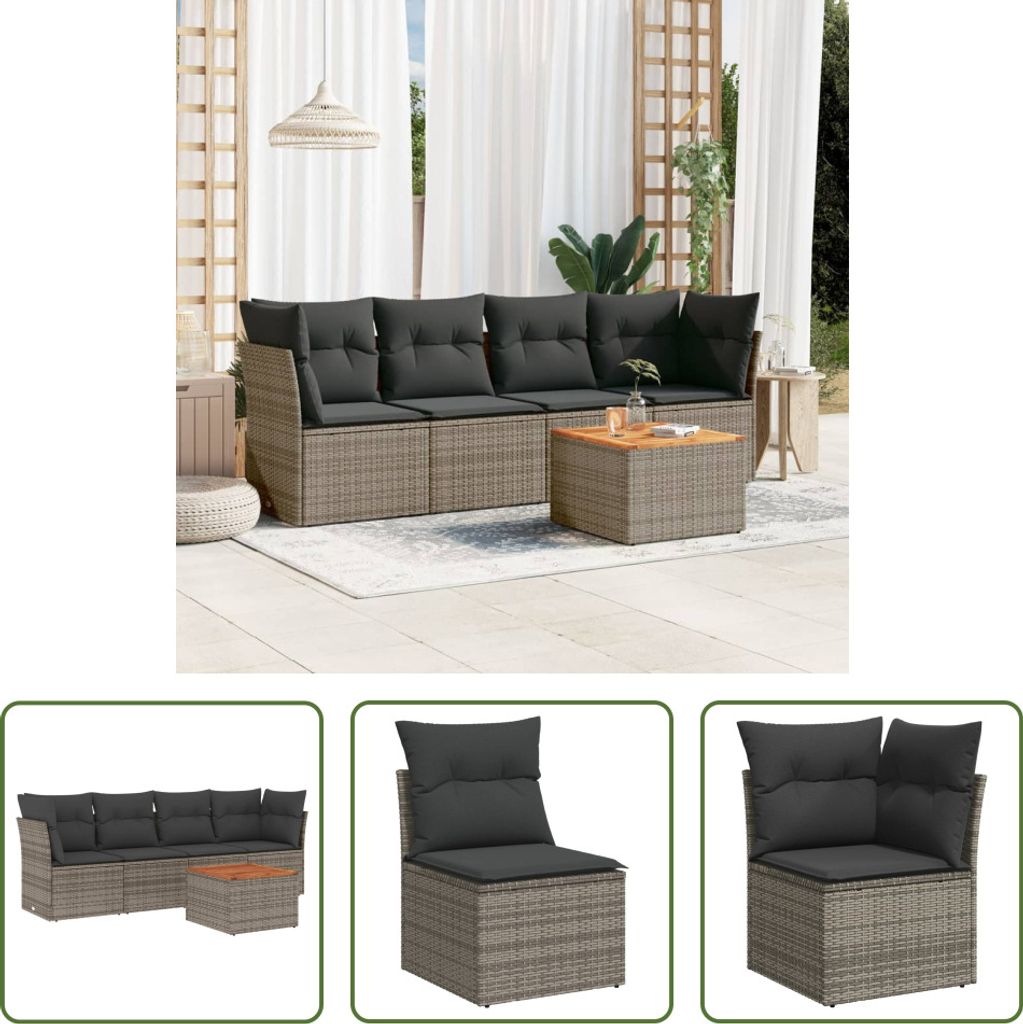The Living Store 5-tlg. Garten-Sofagarnitur mit Kissen Grau Poly Rattan
