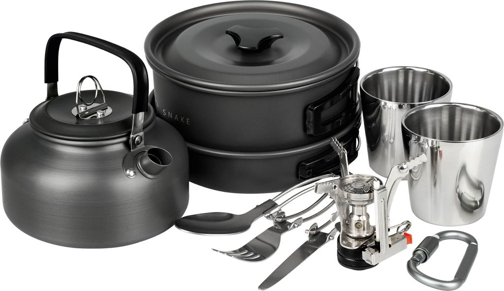 Camping Geschirr Set 10-teilig für 1-2 Personen - Kochgeschirr mit Topf Pfanne Kessel Becher Besteck und Zünder - Outdoor Kochset kompakt & leich...