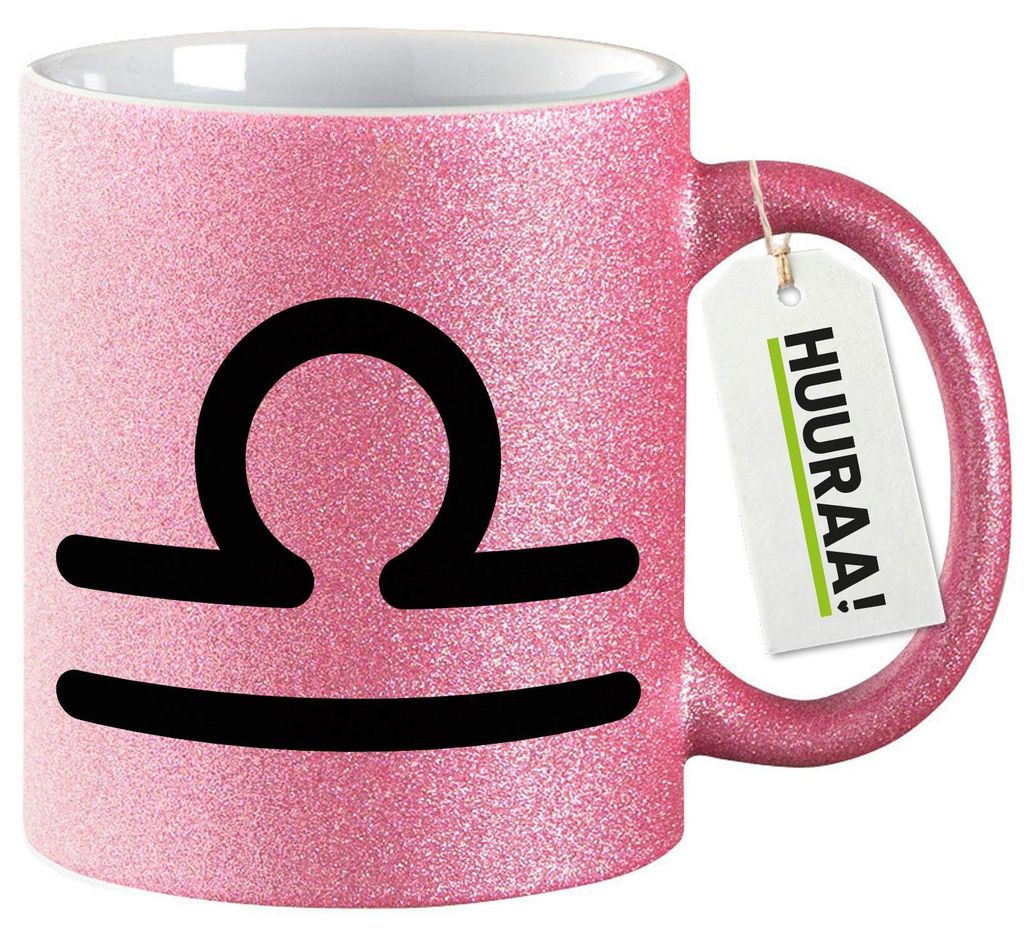 Huuraa Glitzertasse Waage Sternzeichen Zeichen 330ml Pink Keramik Kaffeebecher Geschenkidee