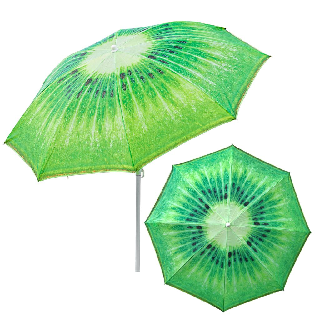 Two umbrellas with a kiwi fruit pattern are shown against a white background.