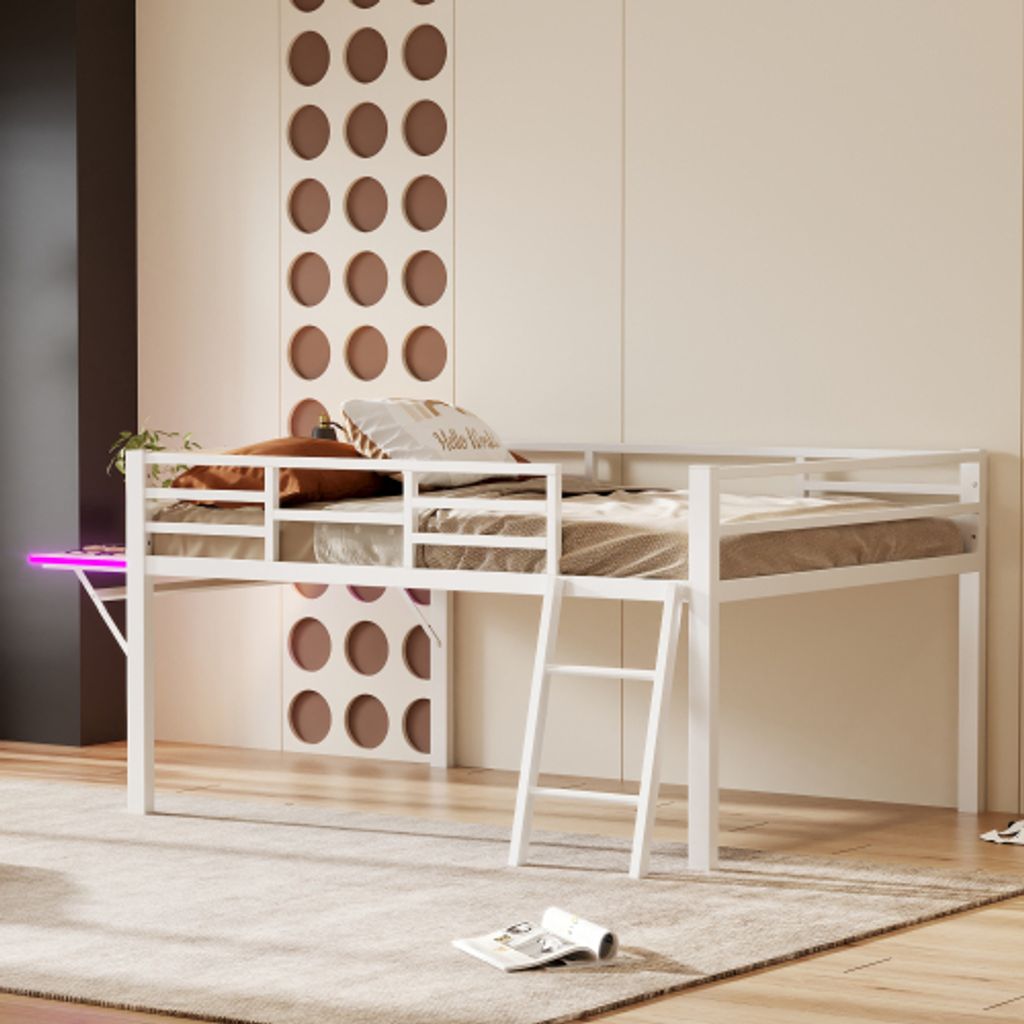 AIORBER Hochbett, 200x140cm, Eisenrahmen mit Geländer & Leiter, klappbarer Schreibtisch, LED-Ambientebeleuchtung mit Fernbedienung, Jugendbett, Weiß