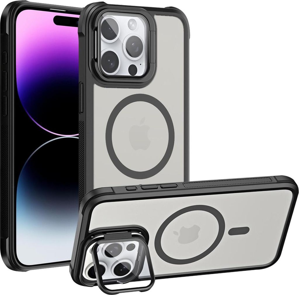 Conie MagSafe Schutzhülle für iPhone 14 Pro Hard Case Kunststoff Kamera Schutz Cover Hülle magnetisch mit Ständer in Schwarz