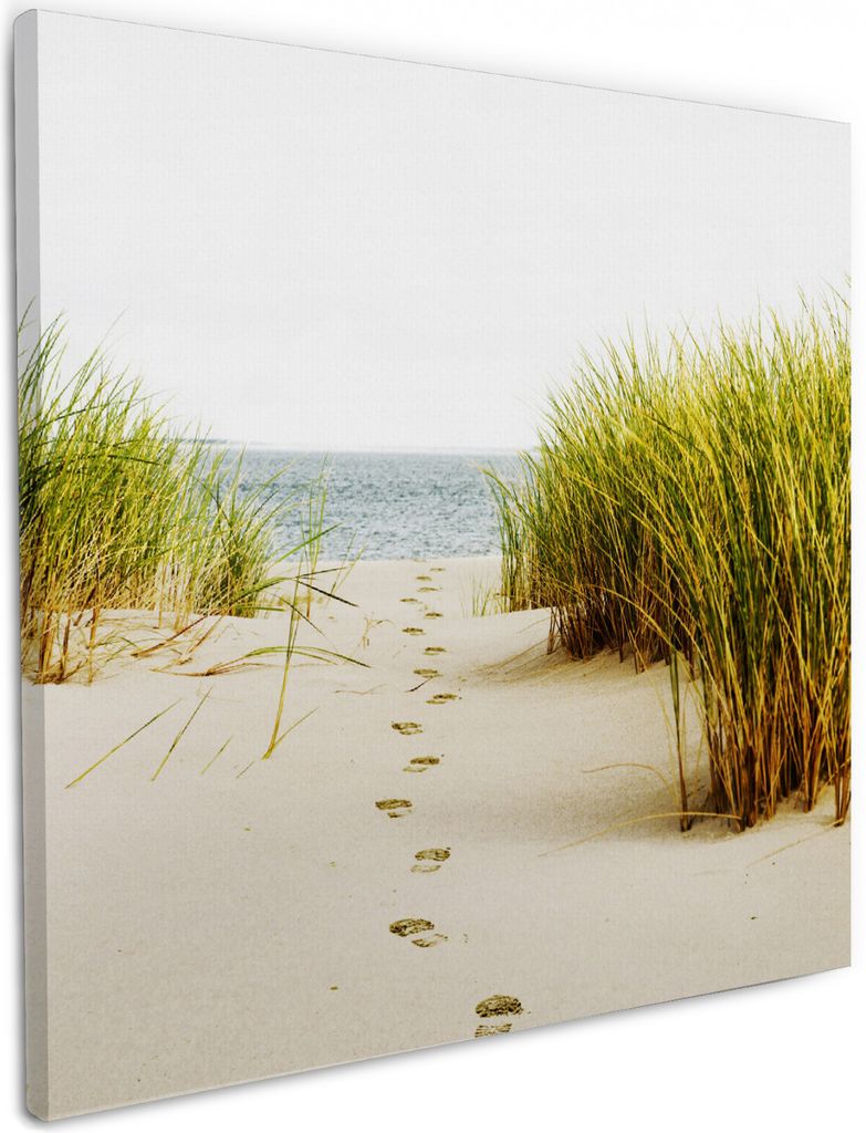 Wallario Premium Leinwandbild Spuren im Sand- Fußspuren durch die Düne zum Meer in Größe 50 x 50 cm