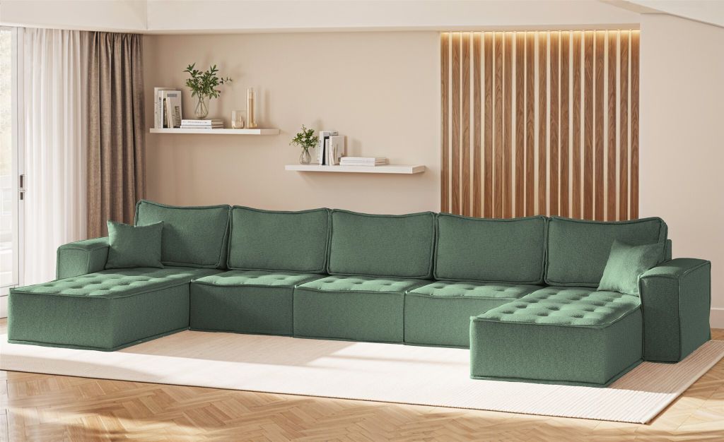 Wohnlandschaft Sofa U-Form Modulsofa-Set 5-teilig SANDE Stoff Raven Flaschengrün