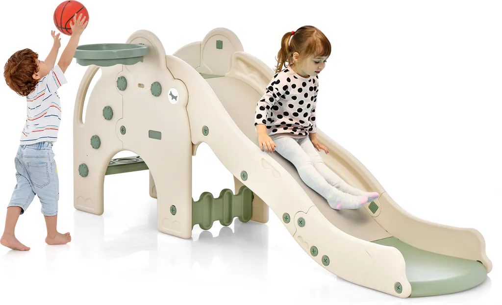 Toboggan Enfant 4 en 1 avec Tunnel et Panier de Basket Vert COSTWAY