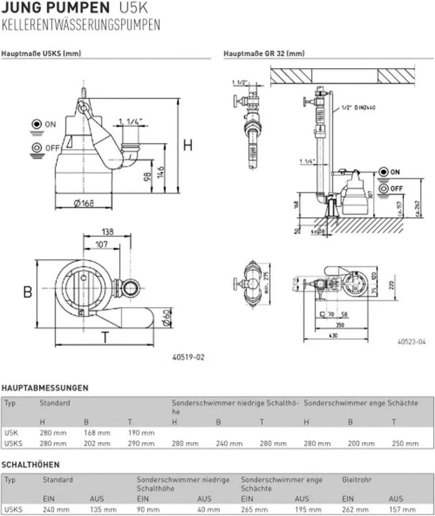 Pompe submersible Jung U3KS pour eaux usées avec 4m de câble JP U5KS-4