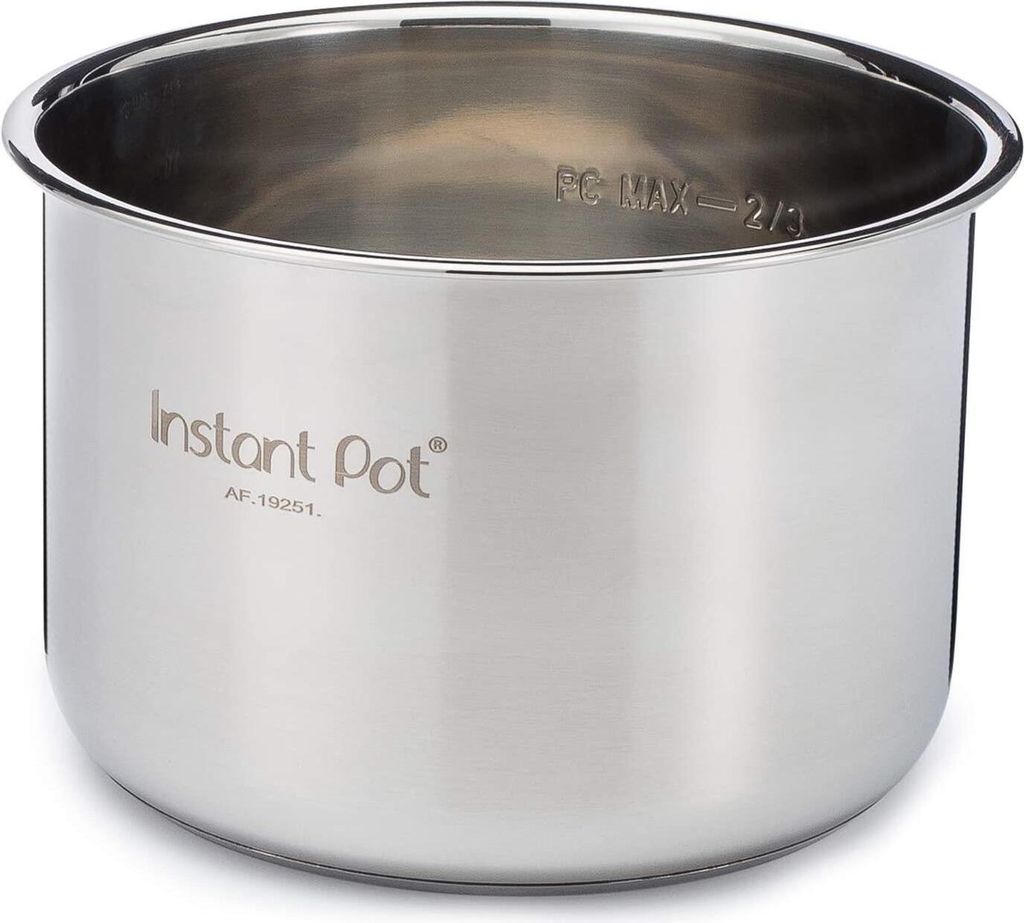 A stainless steel inner pot for an Instant Pot.