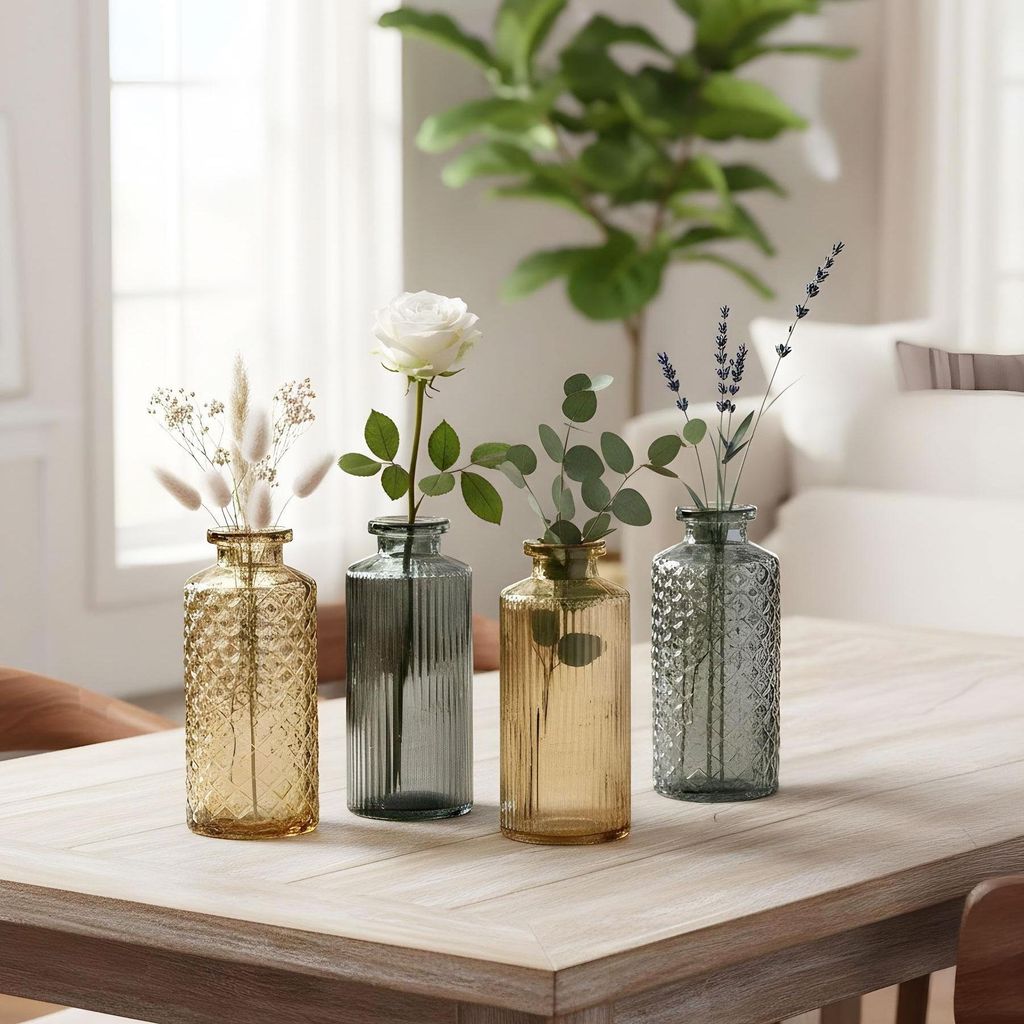 4er Set Vase Braun Grau H14cm Glas Blumenvase Naturtöne Tischdeko Herbstdeko Blumendeko Glasvase Dekovase