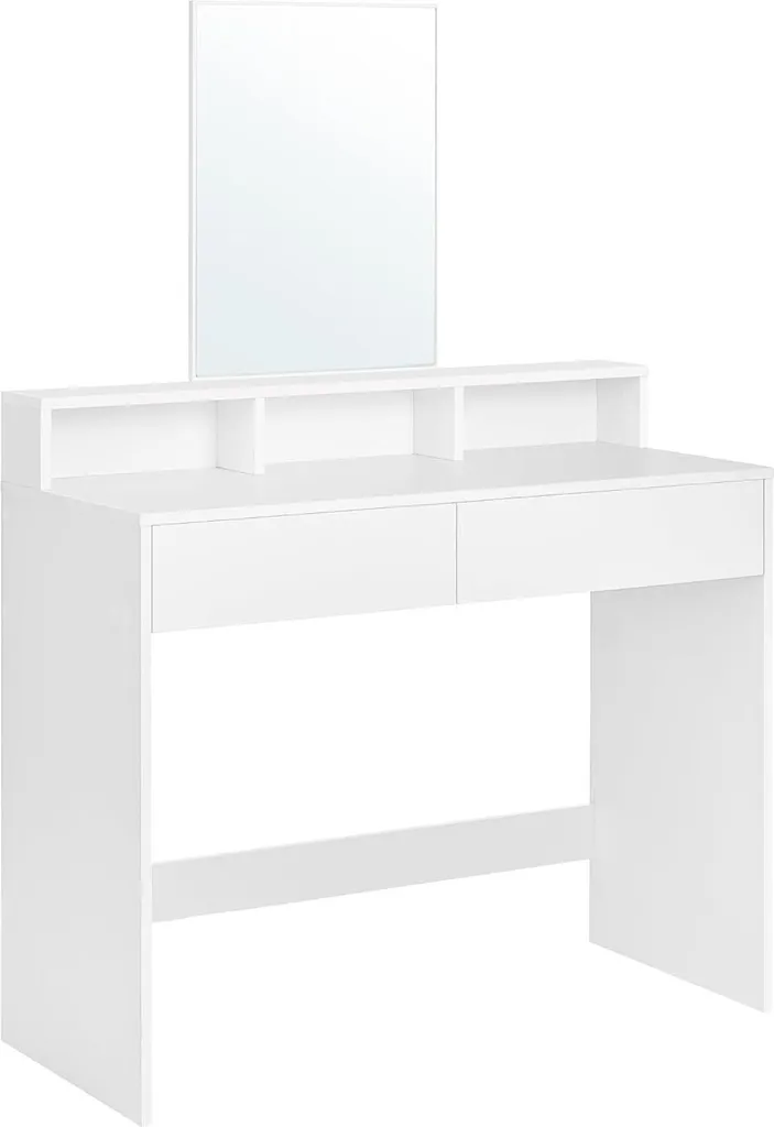 Tavolino da toilette Vasagle, con grande specchio, tavolino da toilette, 2 cassetti, 3 vani a giorno, moderno, bianco